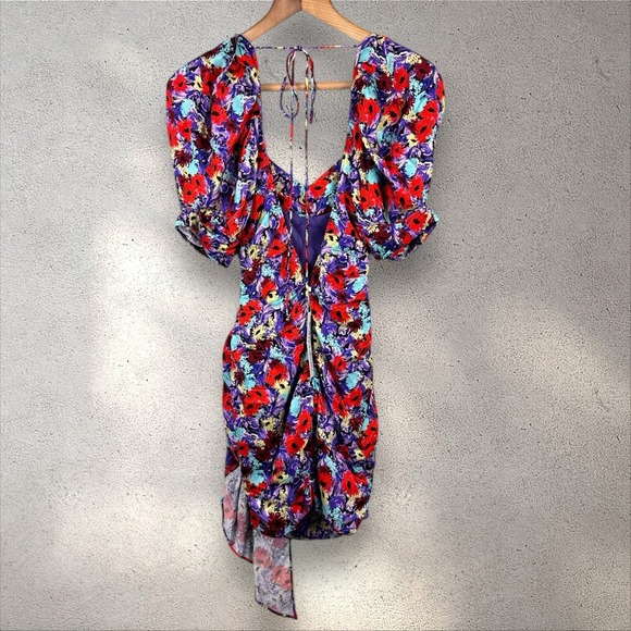 For Love And‎ Lemons Red Purple Floral Satin Chiara Puff Sleeve Mini Dress Sz M - Picture 4 of 7